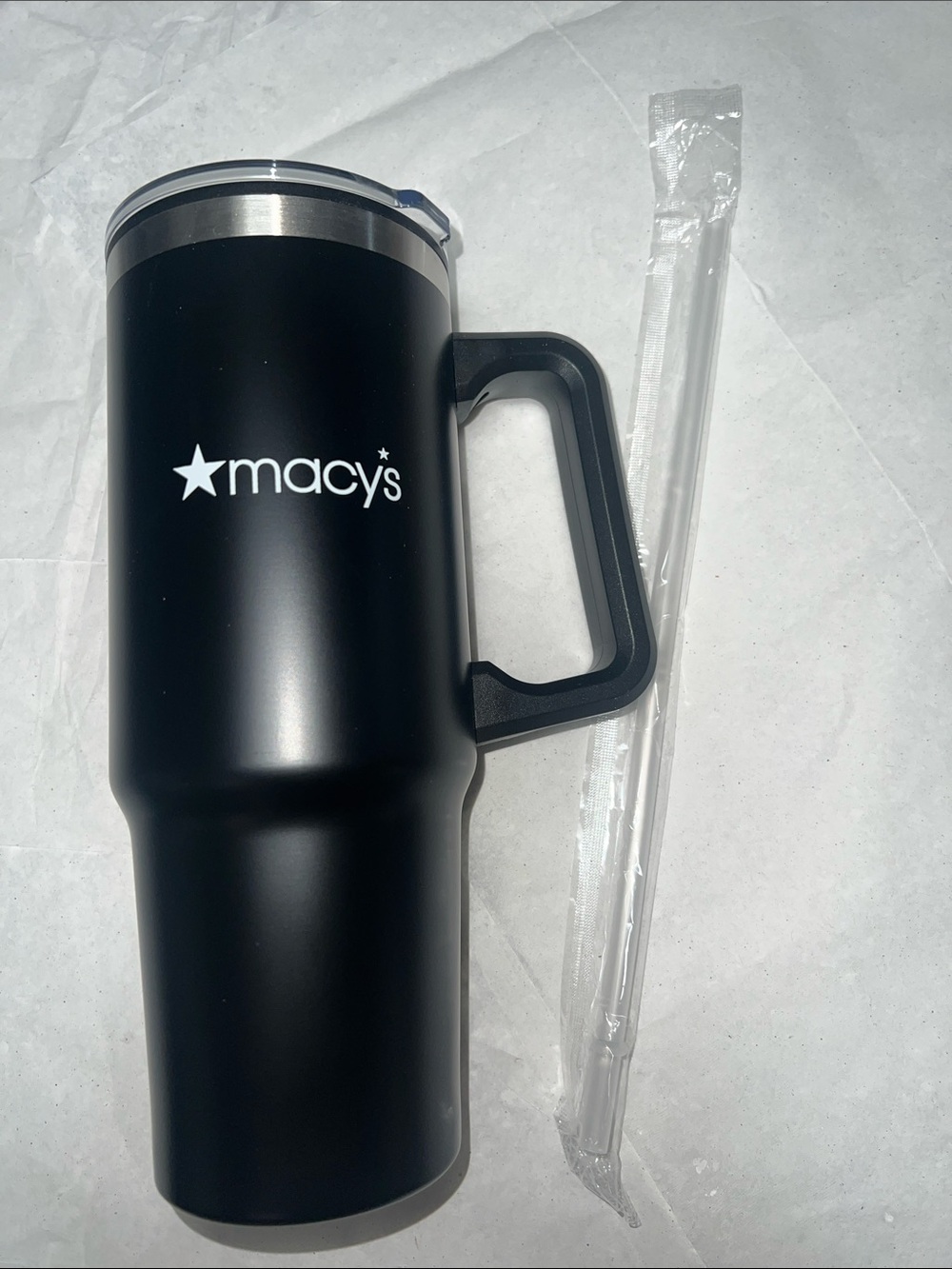 Macy’s Black Tumbler with Handle and Straw